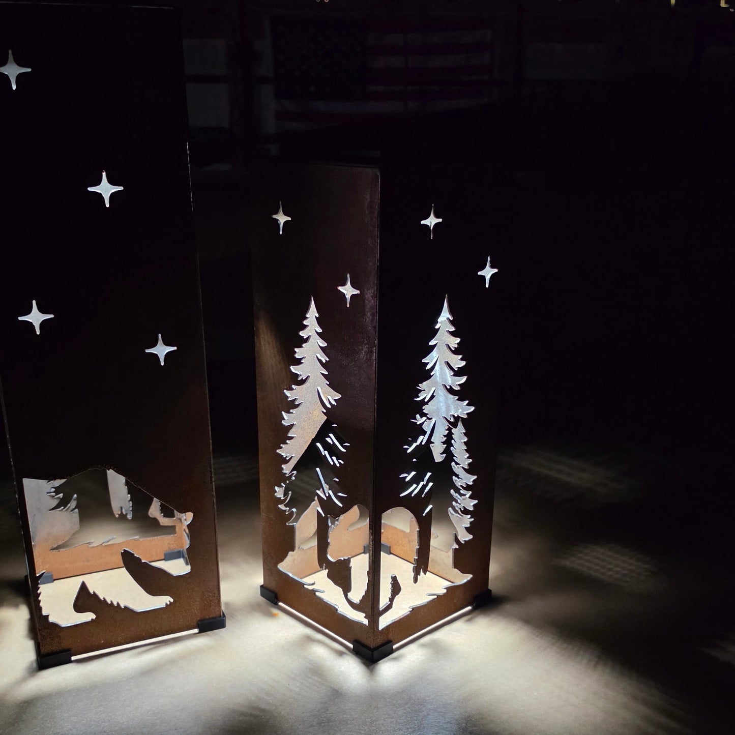 16in bear themed solar pillar with a warm glow indoors