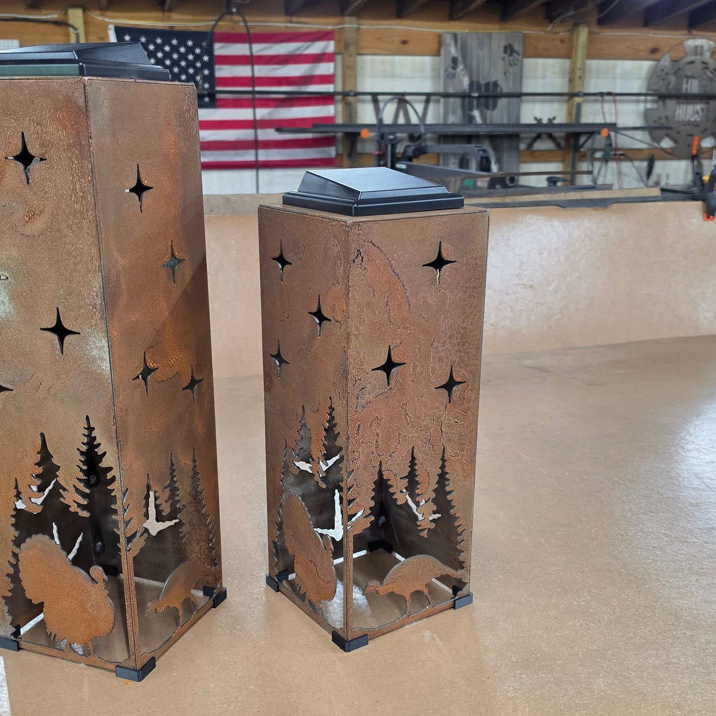 16in rustic metal turkey themed solar pillar in a shop