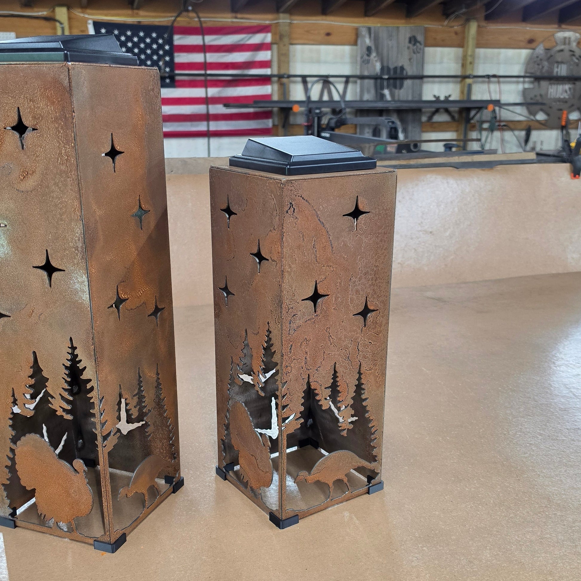 16in rustic metal turkey themed solar pillar in a shop