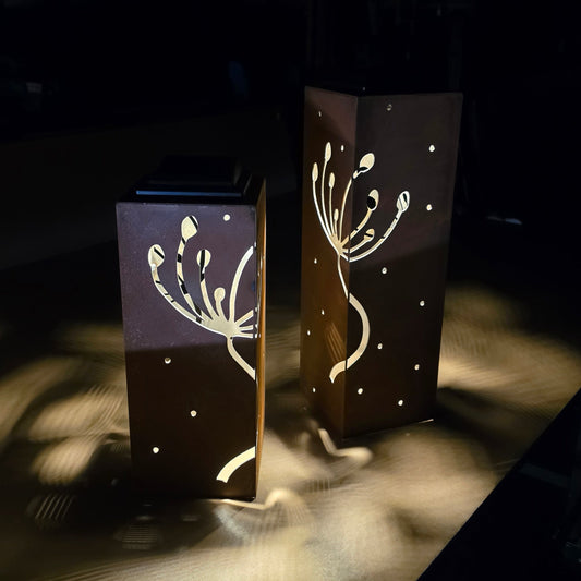 windswept dandelion rustic metal solar pillar lantern luminary