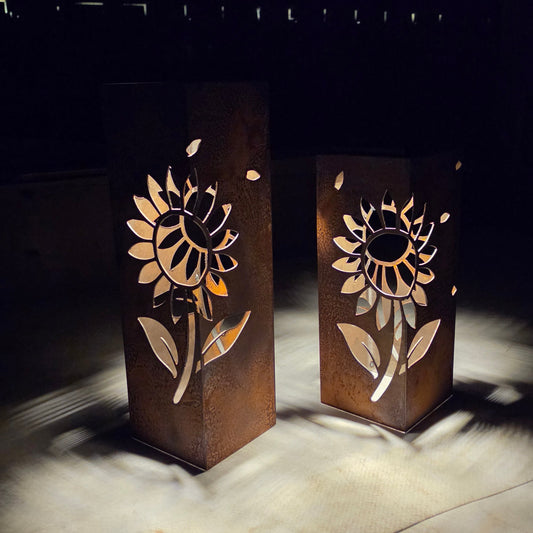 Sunflower rustic metal solar pillar lantern luminary