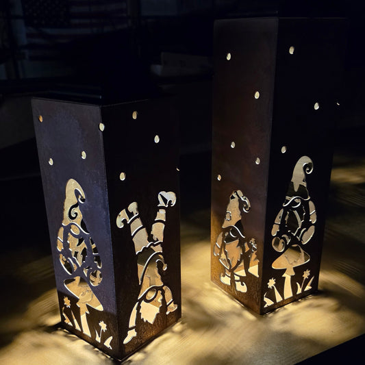 Gnome rustic metal solar pillar lantern luminary