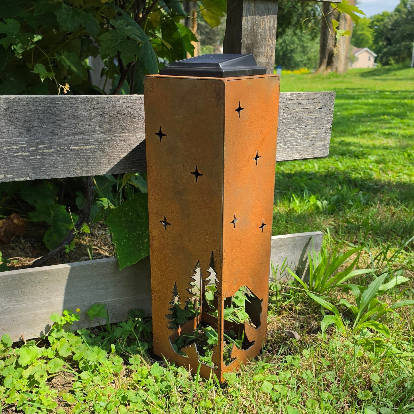 20in Rustic metal bear themed solar pillar outdoors side 2