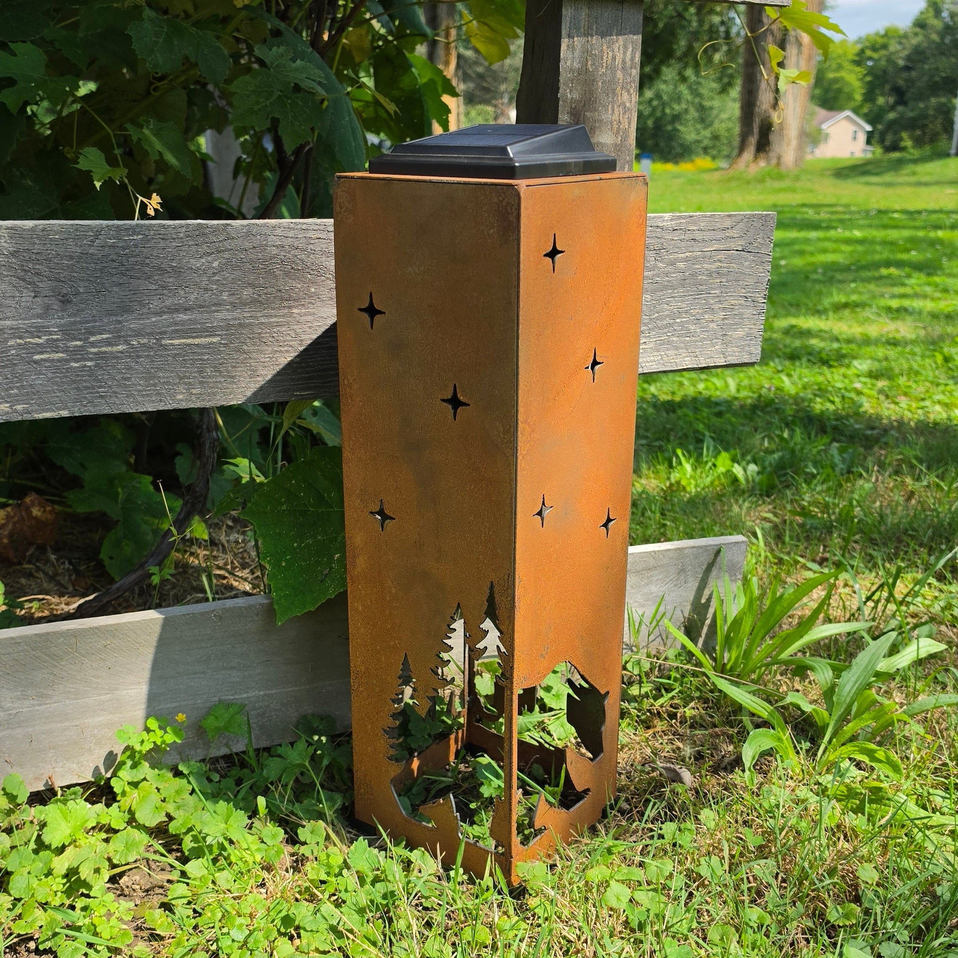 20in Rustic metal bear themed solar pillar outdoors side 2