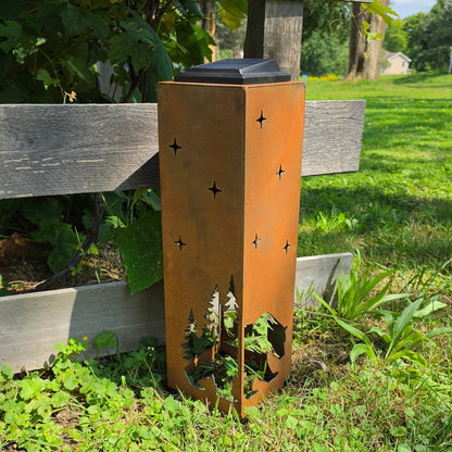 20in Rustic metal bear themed solar pillar outdoors side 2