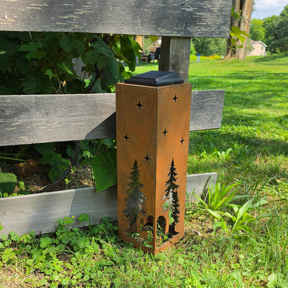 20in Rustic Metal Bear themed Solar Pillar outdoors by Grape Vine
