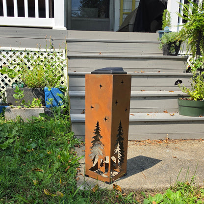 Rustic bear solar pillar outdoors on a patio