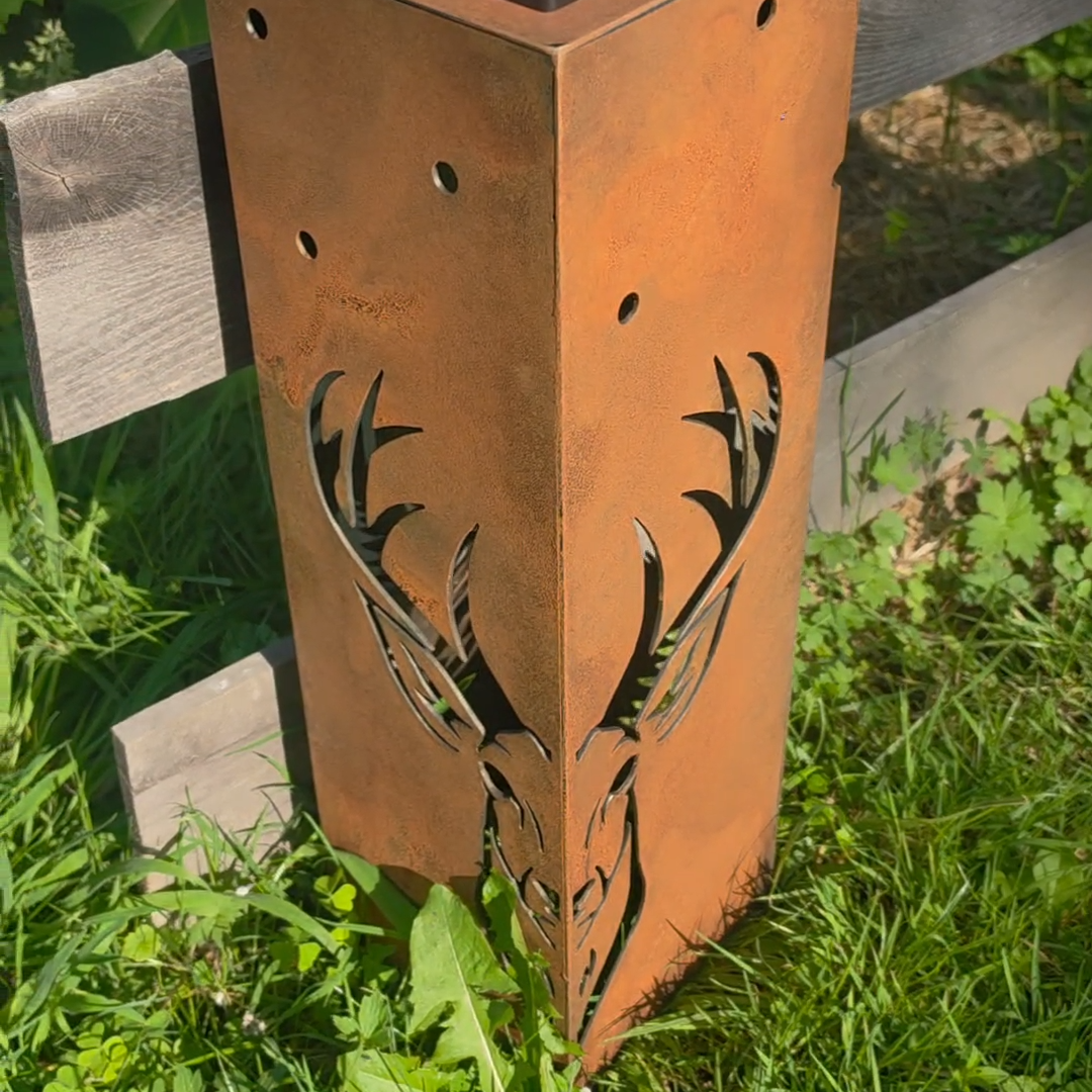 Deer head solar pillar rustic garden art