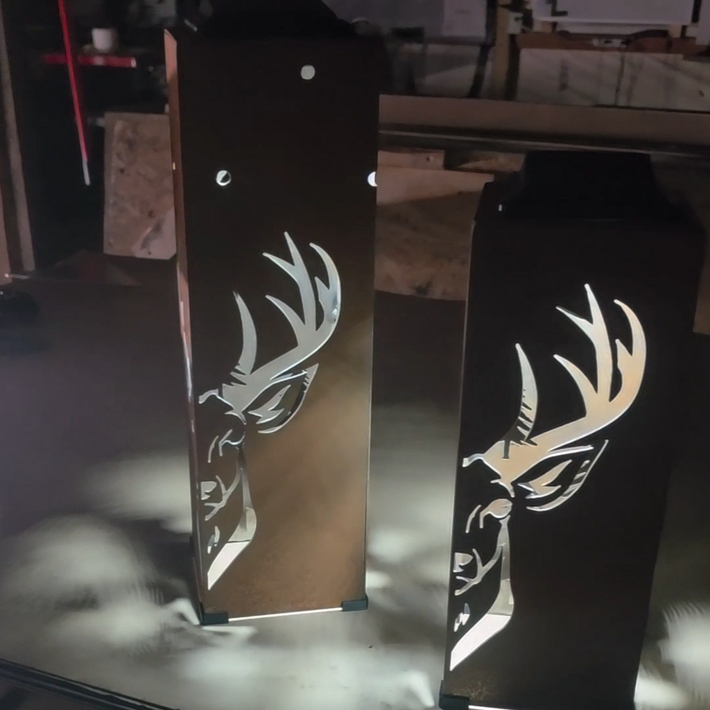Rustic buck and pine tree Solar Pillar outdoor landscape lighting