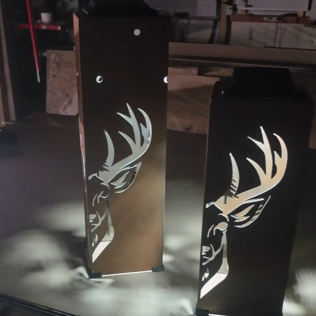 Rustic buck and pine tree Solar Pillar outdoor landscape lighting