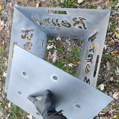 Custom name collapsable fire pit with easy to remove bottom plate