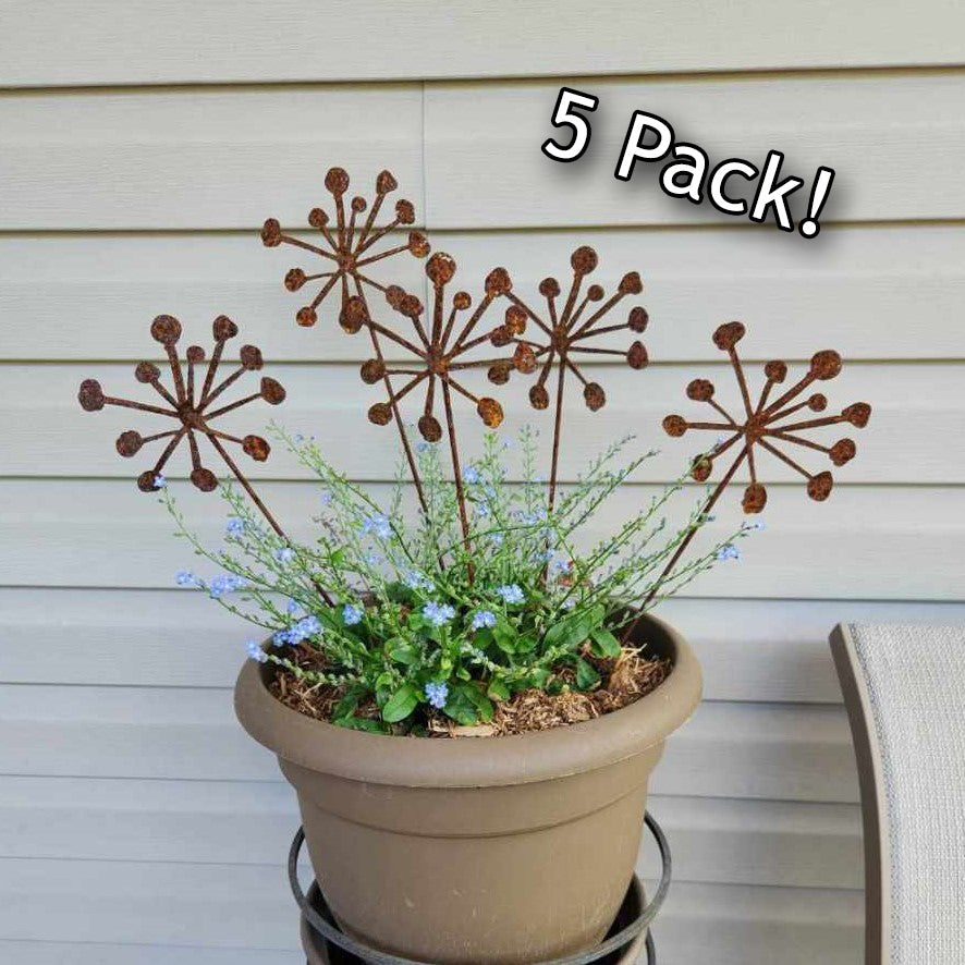 Rustic metal dandelion 5 pack plant stakes.