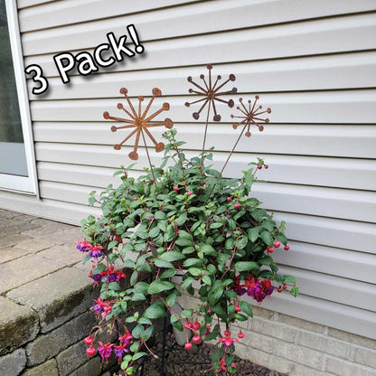 Three rust-colored metal starburst garden stakes in front of a potted plant with flowers against a beige wall.