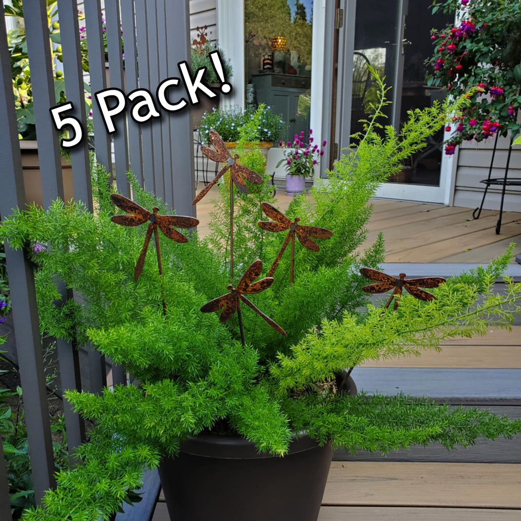 Rustic metal dragonfly 5 pack plant stakes.