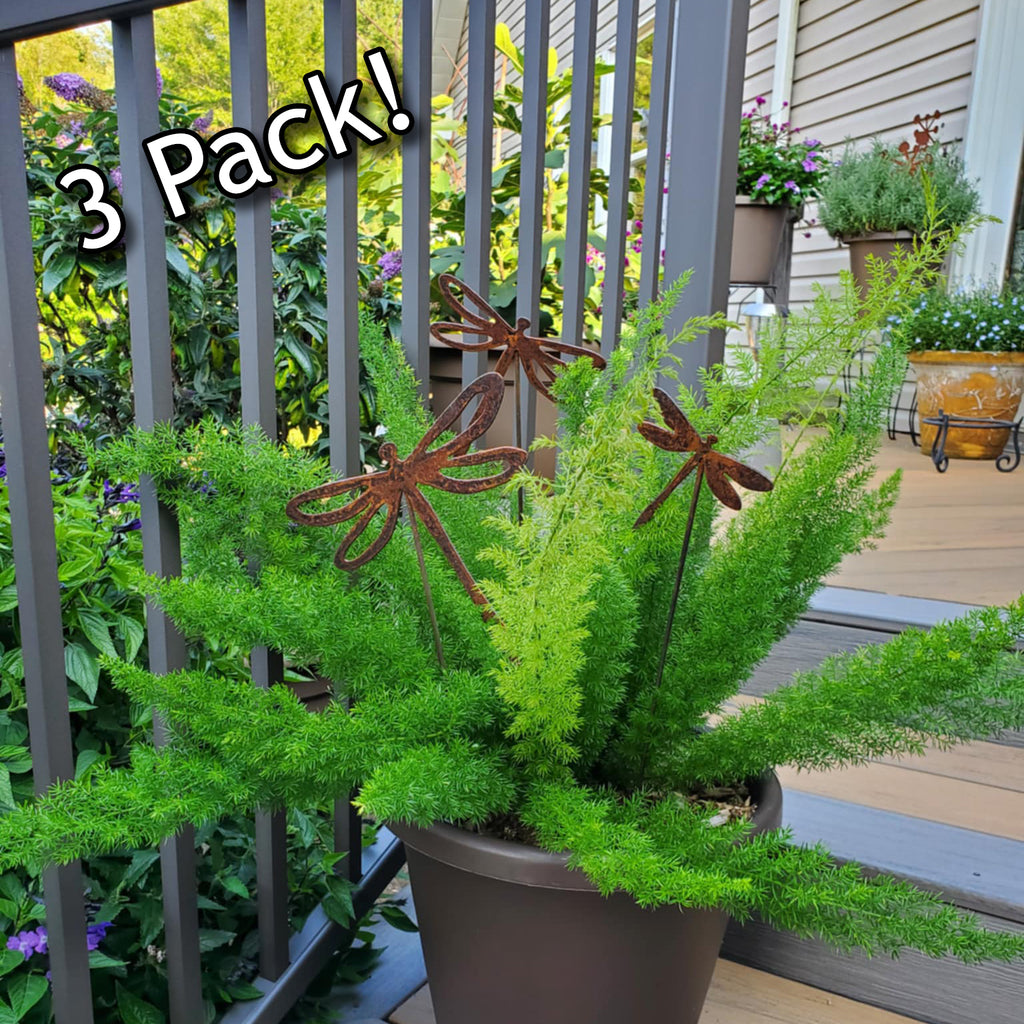 Dragonfly rustic metal plant stakes in potted plant.