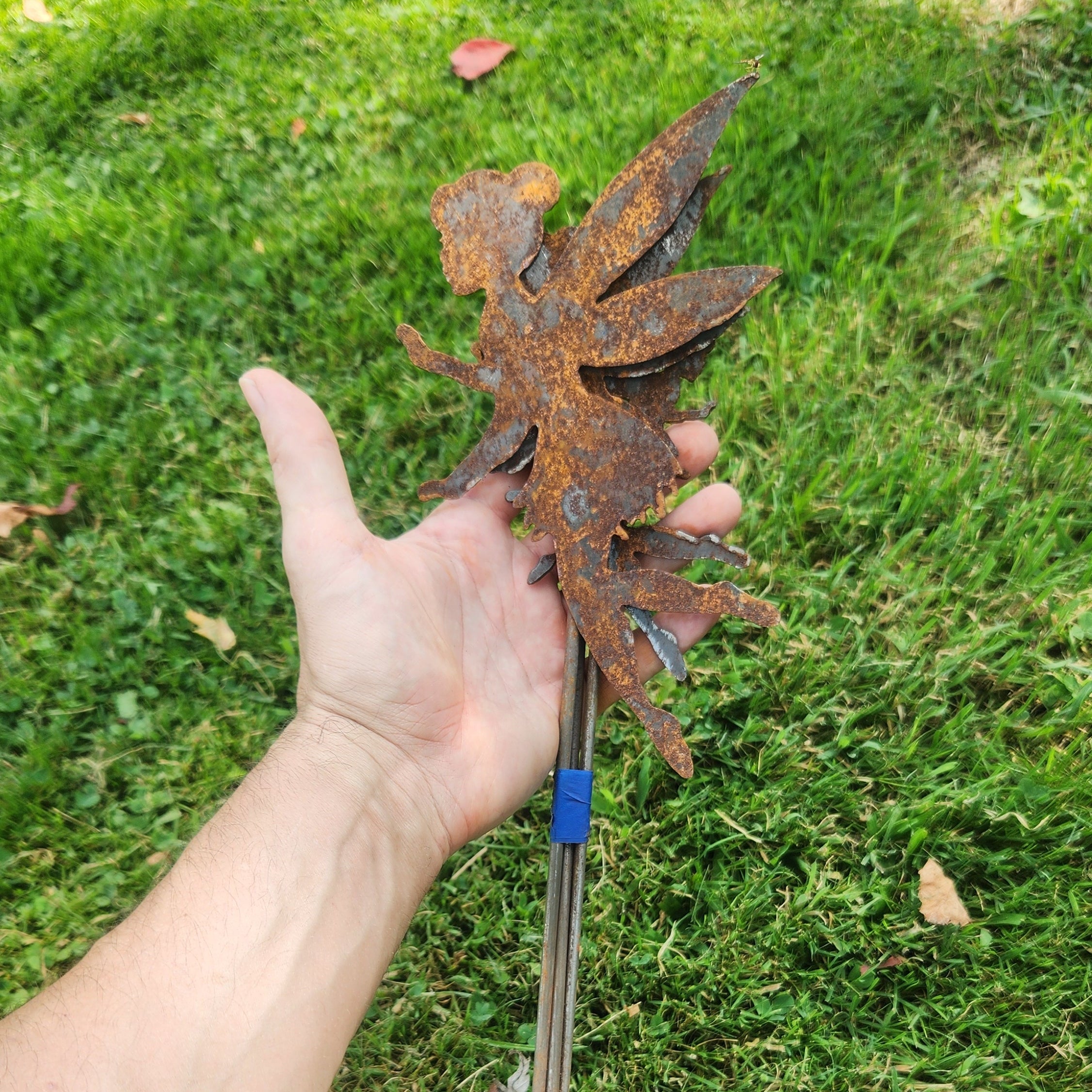 Rustic metal fairy garden stake bundle size comparison.
