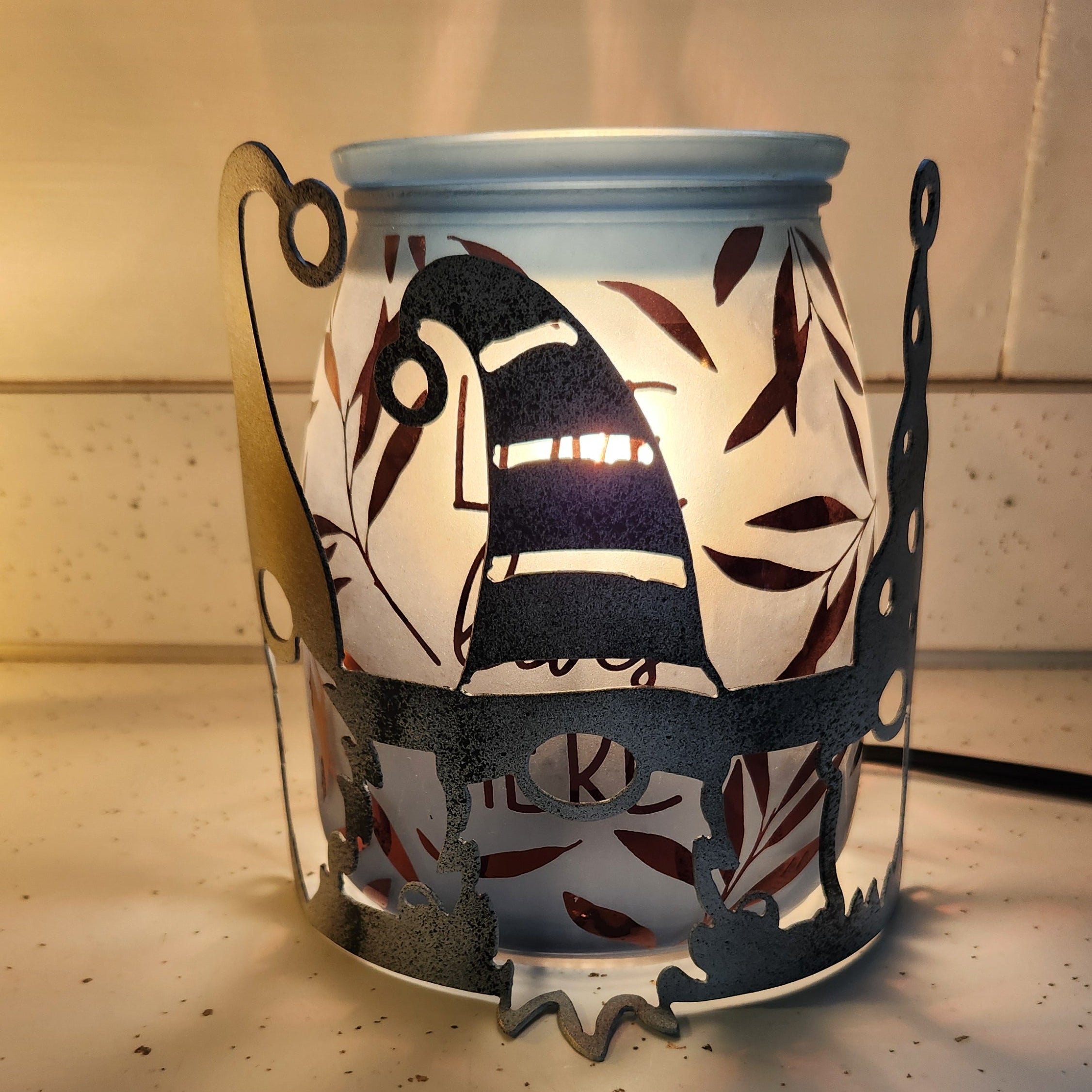 Black powder coated gnomes candle wrap on wax warmer