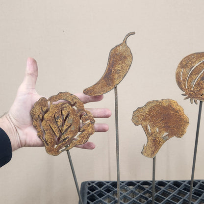 Lettuce rustic metal garden stake size comparison