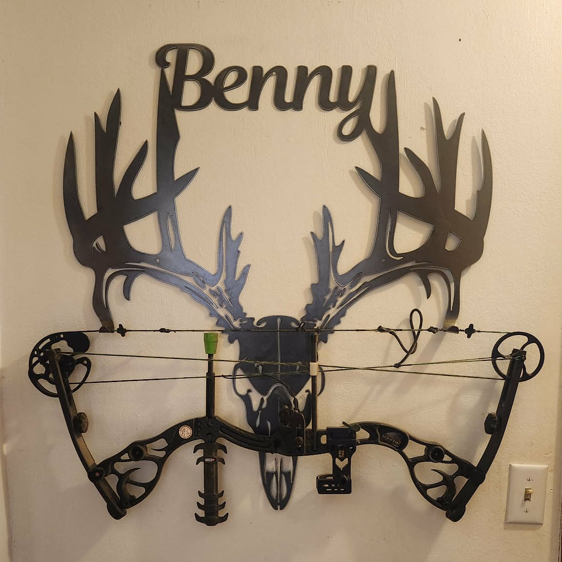 Raw steel bow rack with custom name