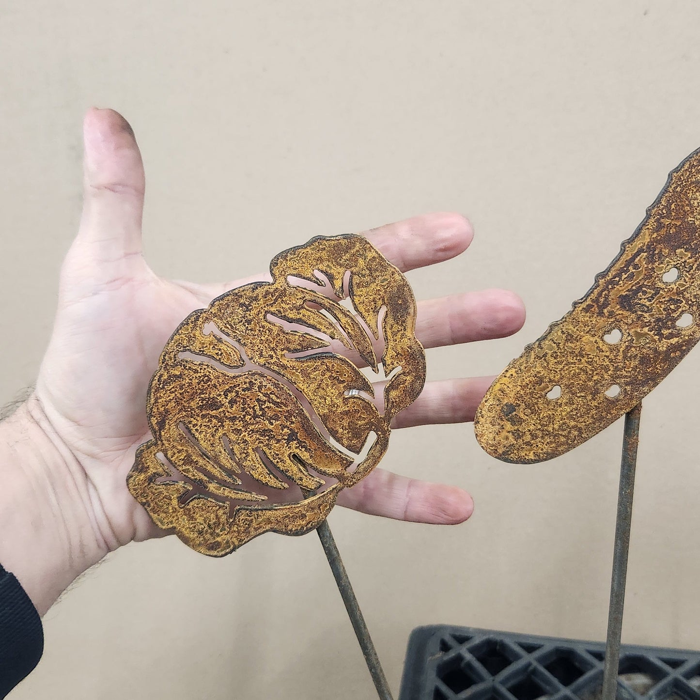 cabbage rustic metal garden stake size comparison