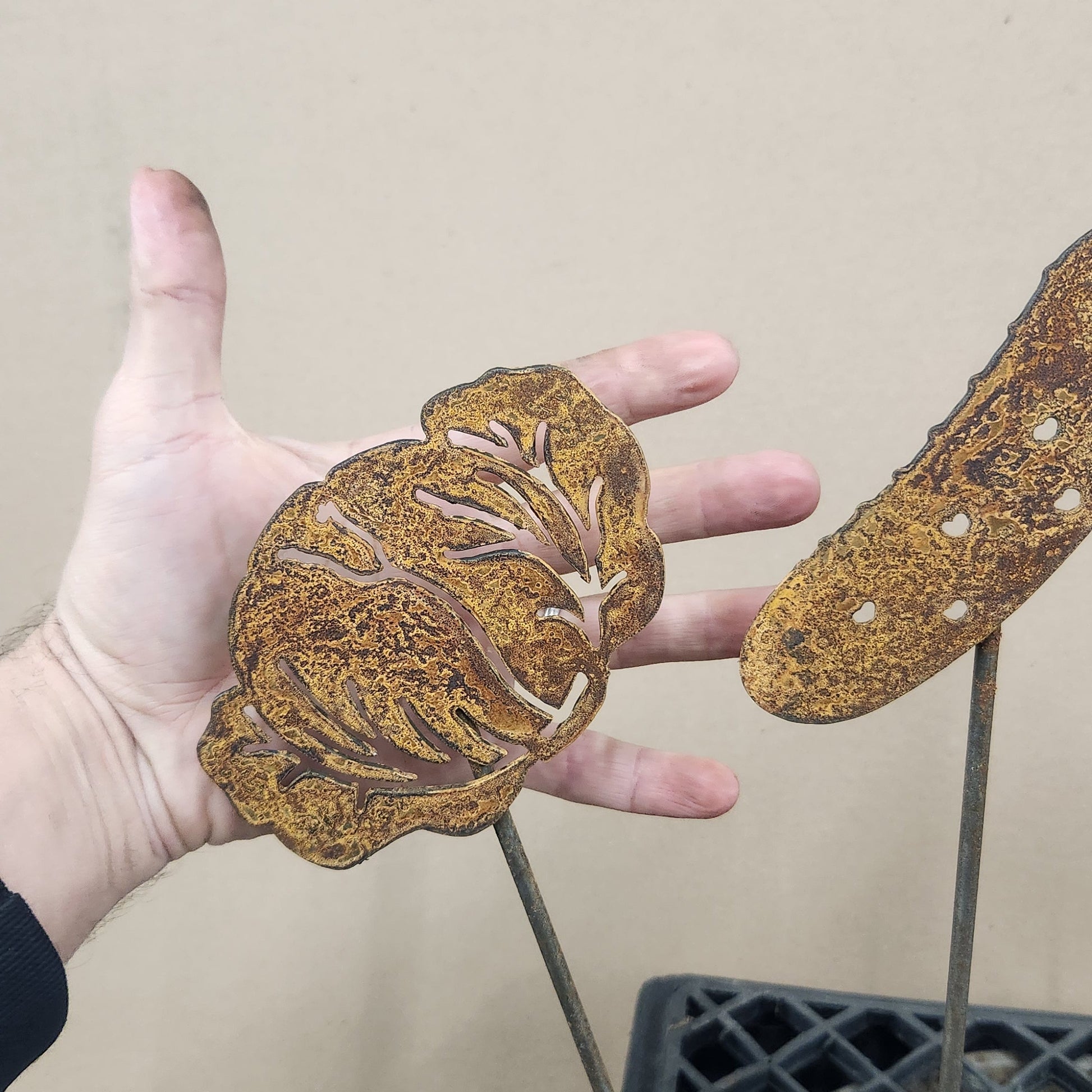 cabbage rustic metal garden stake size comparison