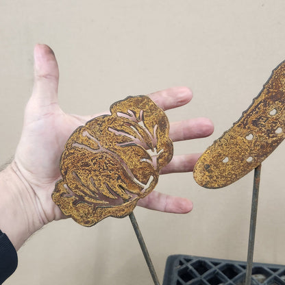 cabbage rustic metal garden stake size comparison
