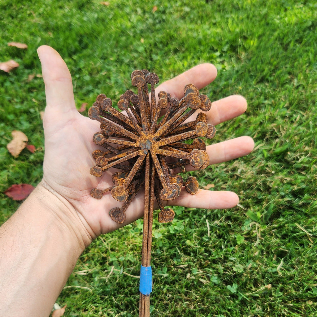 Rustic metal dandelion 5 pack bundle plant stakes.