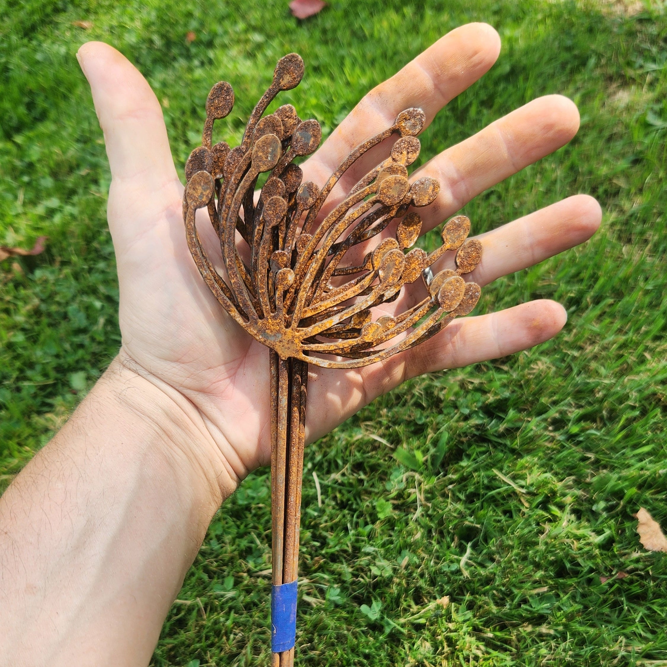 Rustic metal wind swept dandelion plant stake bundle.